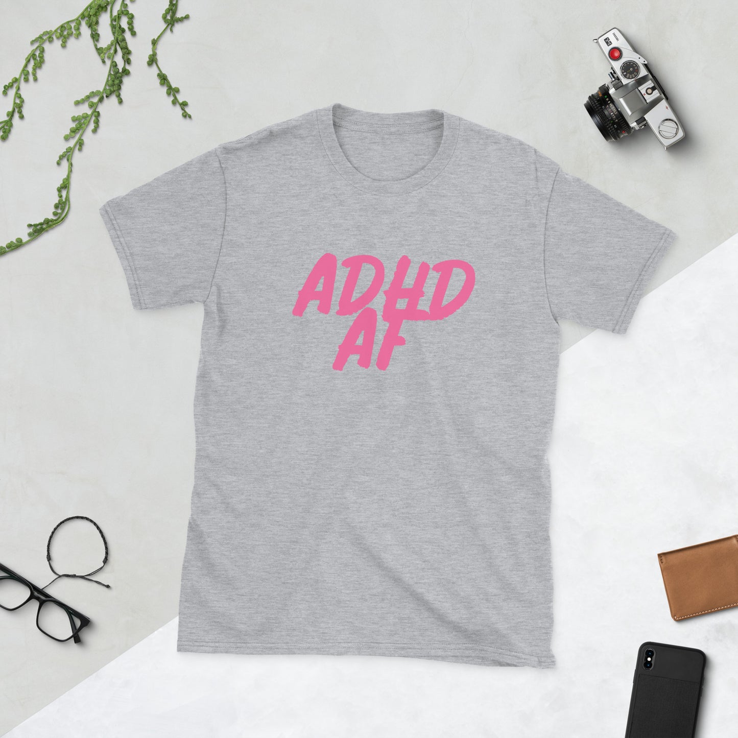 ADHD AF - Adult T-Shirt Pink Logo Light Gray Shirt